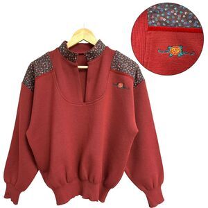 Vintage Women Sweater S Burnt Orange Micro Floral Cottage Core Fall Retro 70s 80